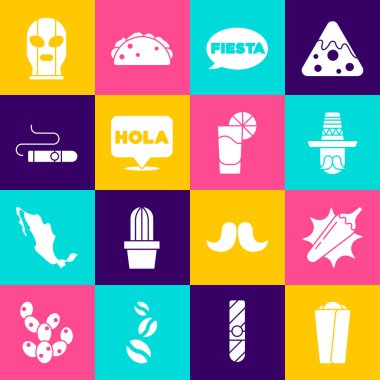 Set Burrito, Hot chili pepper pod, Mexican man sombrero, Fiesta, Hola, Cigar, wrestler and Tequila glass with lemon icon. Vector