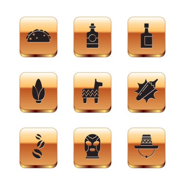 Set Taco with tortilla, Coffee beans, Mexican wrestler, Pinata, Corn, Tequila bottle, sombrero and icon. Vector