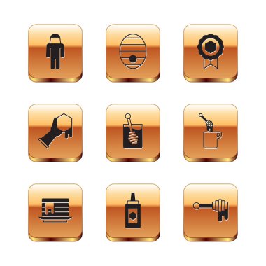 Set Beekeeper with protect hat, Stack of pancakes, Jar honey, Honey dipper stick, Honeycomb and hand, medal, and Hive for bees icon. Vector