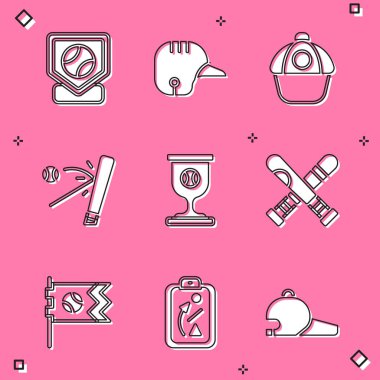 Set Baseball base, helmet, cap, bat with, Award cup baseball, Crossed, Flag and Planning strategy icon. Vector