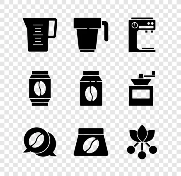 Встановіть склянку з водою, чашку кави, машину та розмову, кавові зерна, квасолю, гілку та ікону. Векторні — стоковий вектор