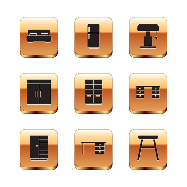 Set Big bed, Wardrobe, Office desk, Table lamp, Chair and Refrigerator icon. Vector — Stock Vector