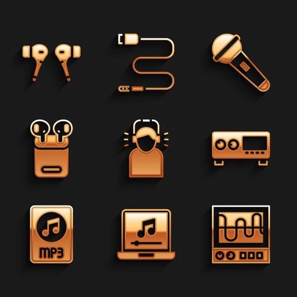 Set Man in headphones, Laptop with music note, Oscilloscope, Guitar amplifier, MP3 file document, Air box, Microphone and icon. Vector — Stockový vektor