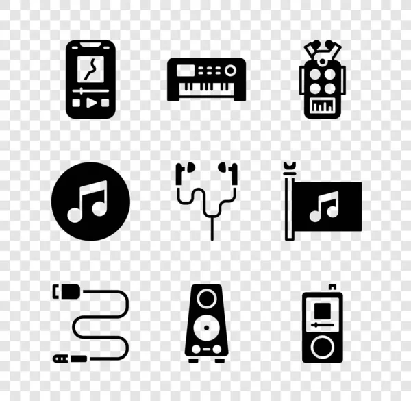 Set Musik-Player, Synthesizer, Mikrofon, Audio-Buchse, Stereo-Lautsprecher, Note, Ton und Air-Kopfhörer-Symbol. Vektor — Stockvektor