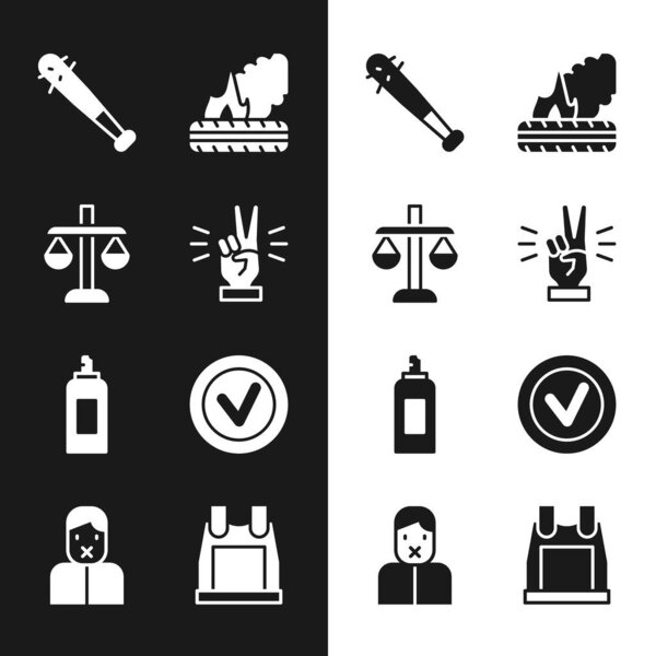 Set Hand showing two finger, Scales of justice, Baseball bat with nails, Lying burning tires, Paint spray can, Check mark round, Bulletproof vest and Censor freedom speech icon. Vector