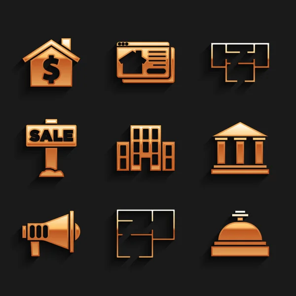 Set House, plan, Hotel service bell, Museum building, Megaphone, Hanging sign with Sale, and dollar symbol icon. Vector — Vector de stock