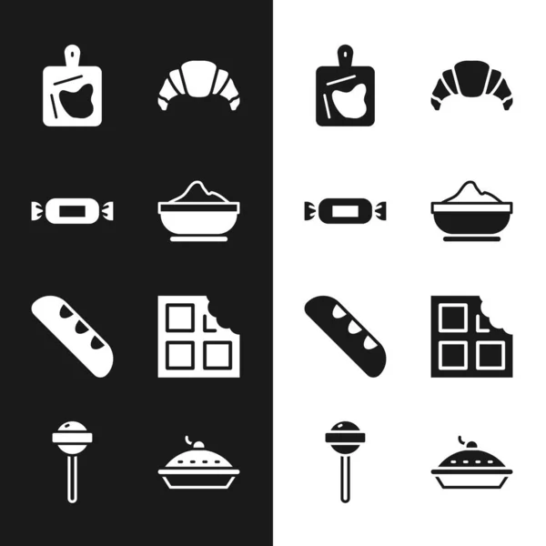 Set Flour bowl, Candy, Cutting board, Croissant, French baguette bread, Chocolate bar, Homemade pie and Lollipop icon. Vector — Διανυσματικό Αρχείο