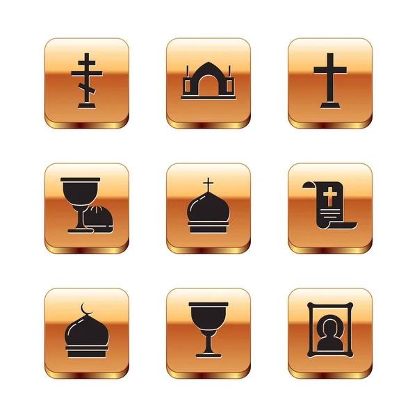 Ensemble croix chrétienne, mosquée musulmane, Saint-Graal ou calice, tour de l'église, icône et icône du temple spirituel hindou. Vecteur — Image vectorielle