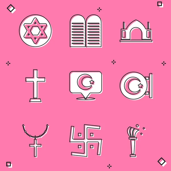 Set Star of David, The commandments, Hindu spiritual temple, Christian cross, crescent, on chain and swastika icon. Vector — Stockvector