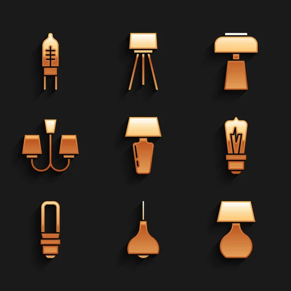 Set Table lamp, Lamp hanging, Light bulb, LED light, Chandelier, and emitting diode icon. Vector — Vetor de Stock