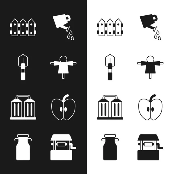 Scarecrow, Shovel, Garden fence wood, Watering can, Granary, Apple, Well and Can container for milk icon. Vector — 스톡 벡터