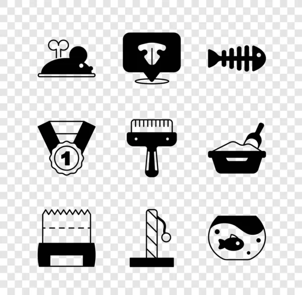 Set Clockwork mouse, Cat nose, Fish skeleton, Dog shit in bag, scratching post, Aquarium with fish, award symbol and Hair brush for dog and cat icon. Vector — стоковый вектор