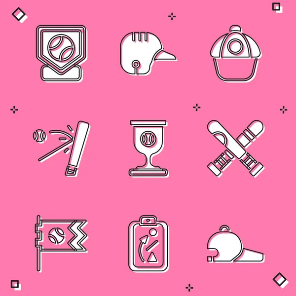Set Baseball base, helmet, cap, bat with, Award cup baseball, Crossed, Flag and Planning strategy icon. Vector