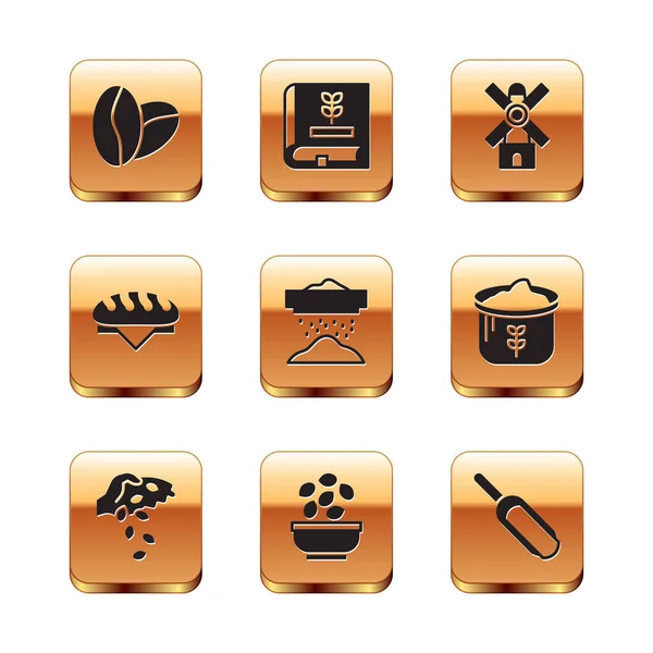 Set Coffee beans, Seed, Seeds in bowl, Sifting flour, Bread loaf, Windmill, Scoop and Book about seeds icon. Vector — Stockový vektor
