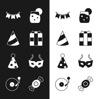 Set Gift box, Party hat, Carnival garland with flags, Cocktail, Festive mask, Candy and Vinyl player disk icon. Vector