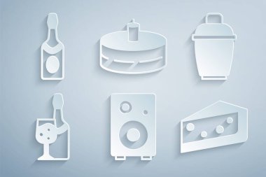 Set Stereo speaker, Cocktail shaker, Champagne bottle, Piece of cake, Cake with burning candles and icon. Vector