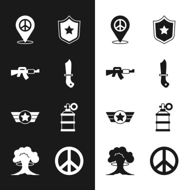 Set Military knife, M16A1 rifle, Location peace, Police badge, Star American military, Hand smoke grenade, Peace and Nuclear explosion icon. Vector