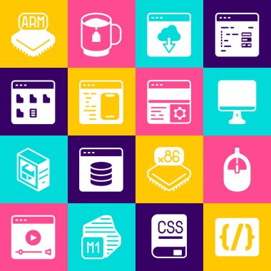 Set Programming language syntax, Computer mouse, monitor screen, Cloud technology data transfer, Software, Browser files, Processor and Debugging icon. Vector