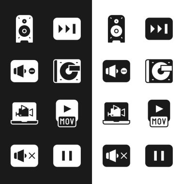 Vinil oynatıcıyı vinil diskle ayarla, Hoparlör sessiz, Stereo hoparlörü, Hızlı İleri, Çevrimiçi video, MOV dosyası, Duraklat düğmesi ve simgesi ile ayarla. Vektör