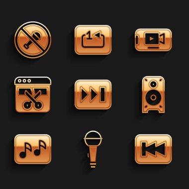 Set Fast forward, Microphone, Rewind button, Stereo speaker, Music note, tone, Video recorder editor, Online play video and Mute microphone icon. Vector