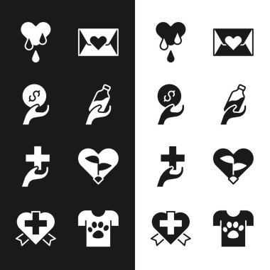 Set Donation water, and charity, Blood donation, Envelope with heart, Heart cross, Leaf in, Animal volunteer and icon. Vector
