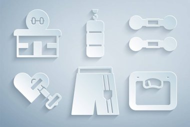 Kısa pantolonlu mu kısa pantolonlu mu, Dumbbell, kalp, banyo terazisi, kum torbası ve spor salonu ikonu. Vektör