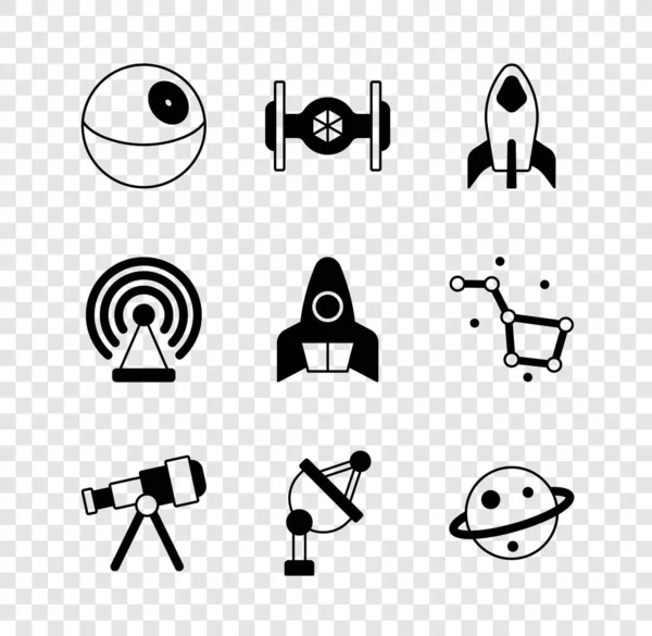 Set Planet, Cosmic ship, Rocket, Telescope, Satellite dish, Saturn, Radar and icon. Vector — Διανυσματικό Αρχείο