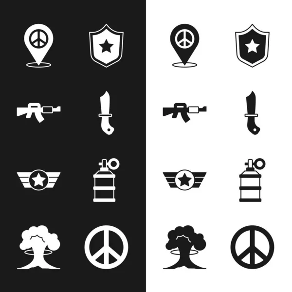 Set Military knife, M16A1 rifle, Location peace, Police badge, Star American military, Hand smoke grenade, Peace and Nuclear explosion icon. Vector — Stok Vektör
