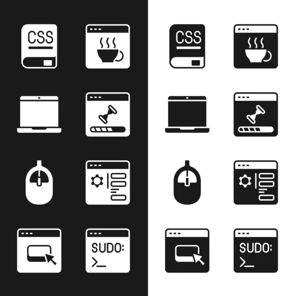 Set Laden van gegevens venster, Laptop, Boeken over programmering, Software, Computer muis, Browser instelling, Code terminal en bestanden pictogram. Vector — Stockvector