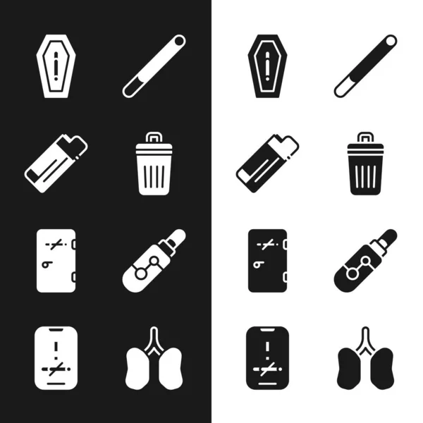 Set Trash can, Lighter, Death from smoking, Cigarette, No area, Electronic cigarette, Lungs and icon. Vector — ストックベクタ