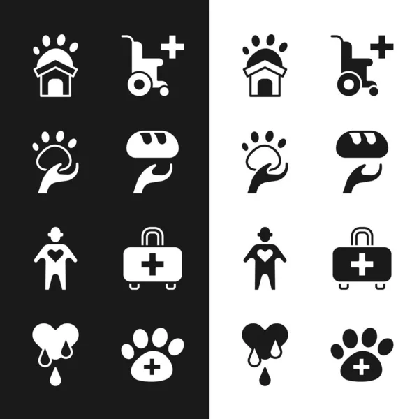 Set Donation food, Animal volunteer, shelter house, Wheelchair for disabled person, Volunteer, First aid kit, Veterinary clinic and Blood donation icon. Vector — Image vectorielle
