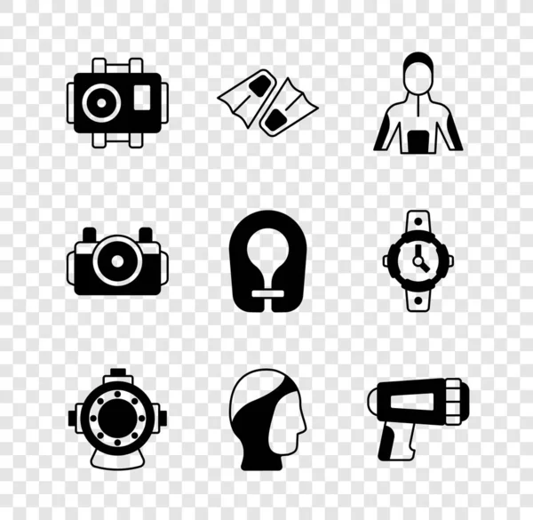 Set Photo camera for diver, Flippers swimming, Wetsuit scuba diving, Aqualung, Diving hood, Flashlight, and Life jacket icon. Vector — Stockvector