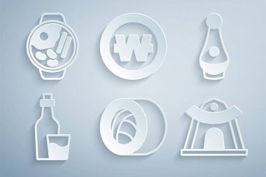 Set Sushi, Soju bottle, Korean temple, South won coin and Ramen icon. Vector