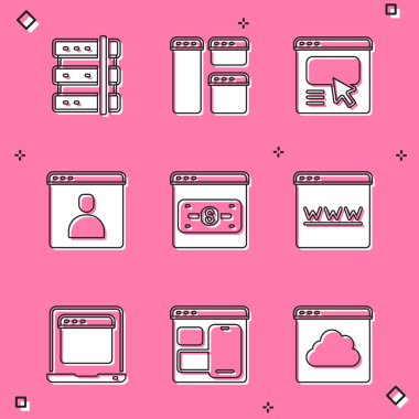 Set Server, Browser window, UI or UX design, Create account screen, Online shopping on, Laptop with browser and Web developer programming code icon. Vector