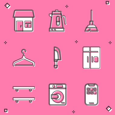 Set House, Electric kettle, Handle broom, Hanger wardrobe, Knife, Refrigerator, Empty wooden shelves and Washer icon. Vector