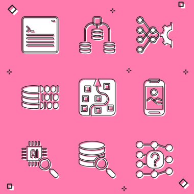 Set Web developer programming code, Server, Data, Neural network, Binary, Mobile phone, Processor CPU and icon. Vector