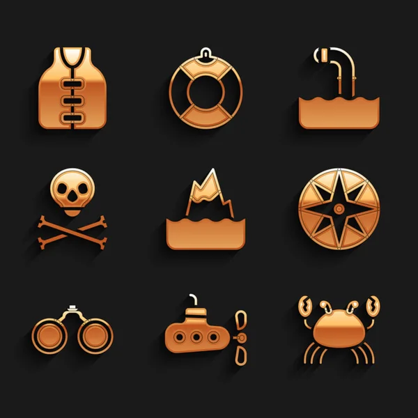 Set Iceberg, Submarine, Crab, Wind rose, Binoculars, Skull on crossbones, Periscope and Life jacket icon. Vector — стоковий вектор