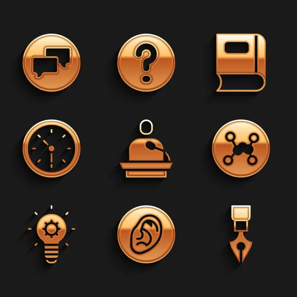 Set Gives lecture, Ear listen sound signal, Fountain pen nib, Chemical formula, Light bulb, Clock, Book and Speech bubble chat icon. Vector — Stockvektor