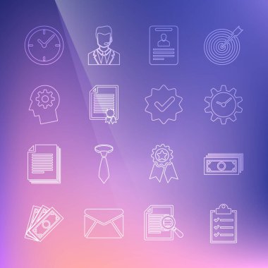 Set line Clipboard with checklist, Stacks paper money cash, Time Management, Identification badge, Certificate template, Human head gear inside, Clock and Approved and mark icon. Vector