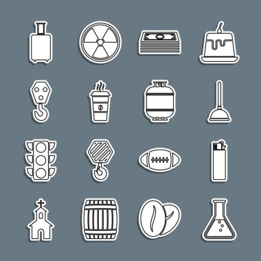 Set line Test tube and flask, Lighter, Rubber plunger, Stacks paper money cash, Coffee cup, Industrial hook, Travel suitcase and Propane gas tank icon. Vector