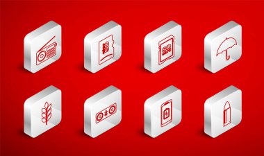 Set line Bullet, Micro SD memory card, Umbrella, Smartphone battery charge, Radio, speakers and Wheat icon. Vector