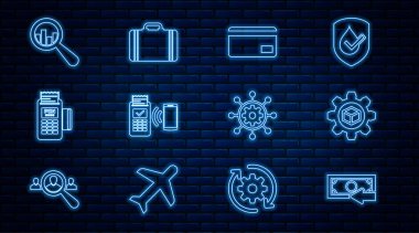 Set line Cash back, Product development, Credit card, POS terminal, Magnifying glass and analysis, Project management and Suitcase for travel icon. Vector