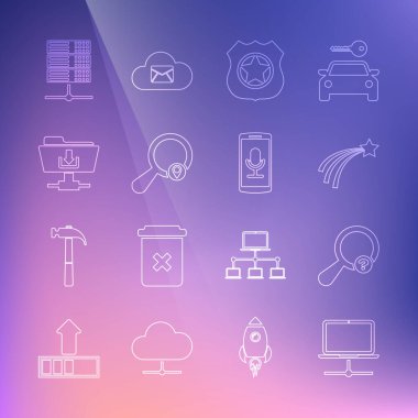 Set line Computer network, Unknown search, Falling star, Police badge, Search location, FTP folder download, Server, Data, Web Hosting and Mobile recording icon. Vector
