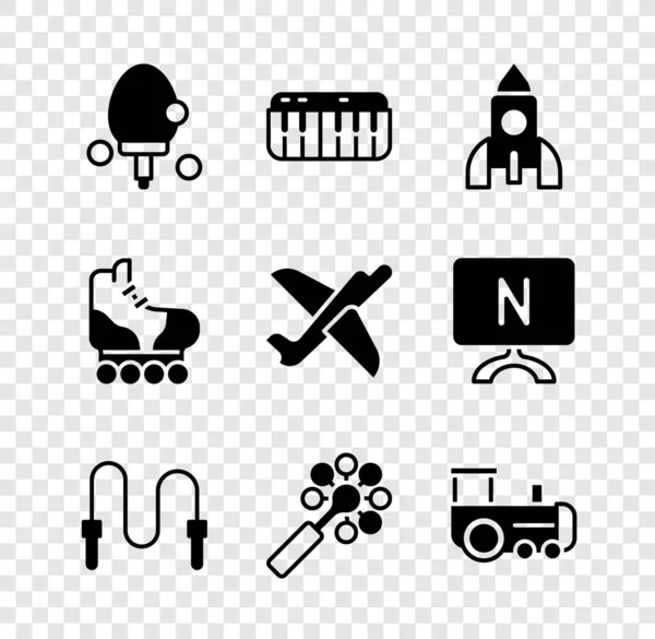 Set Racket, Music synthesizer, Rocket ship toy, Jump rope, Rattle baby, Toy train, Roller skate and plane icon. Vector — Vettoriale Stock