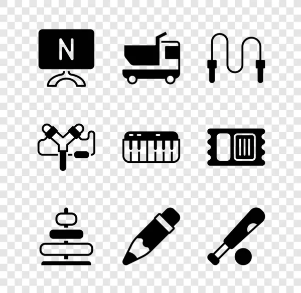 Set Smart Tv, Toy truck, Jump rope, Pyramid toy, Pencil with eraser, Baseball bat ball, Slingshot and Music synthesizer icon. Vector — Stock Vector