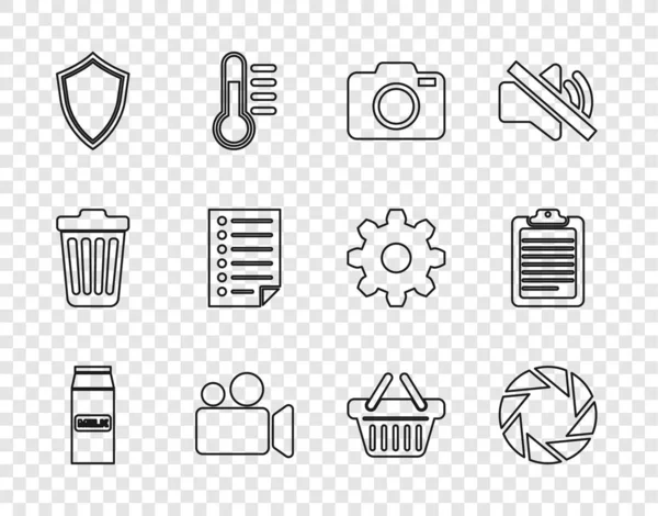 Set line Paper package for milk, Camera shutter, Photo camera, Movie Video, Shield, Document, Shopping basket and Clipboard with document icon. Vector — Vettoriale Stock