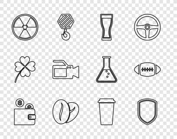 Set line Wallet con moneda, escudo, vaso de cerveza, granos de café, radiactivo, cámara de cine, taza y el icono de la pelota de fútbol americano. Vector — Vector de stock