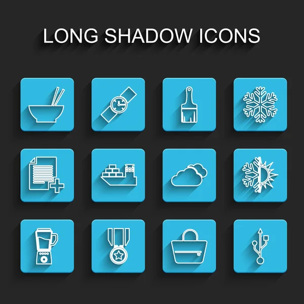 Set line Blender, Medal with star, Bowl chopsticks, Handbag, USB, Cargo ship, Sun snowflake and Cloud icon. Vector — Stockový vektor