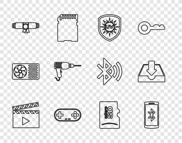 Clapper, UV korumalı Smartphone, Gamepad, Diploma rulo kaydırma, matkap makinesi, Micro SD hafıza kartı ve gelen kutusu simgesini indir. Vektör — Stok Vektör