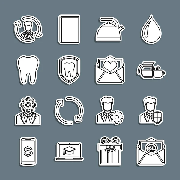Set line Mail and e-mail, User protection, Coffee pot with cup, Kettle handle, Dental, Tooth, Human resources and Envelope Valentine heart icon. Vector — Stockvektor